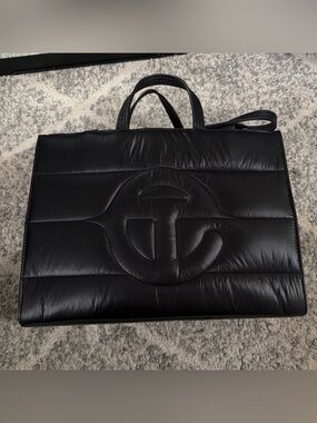 Telfar Black Quilted Tote Bag with Embossed Logo